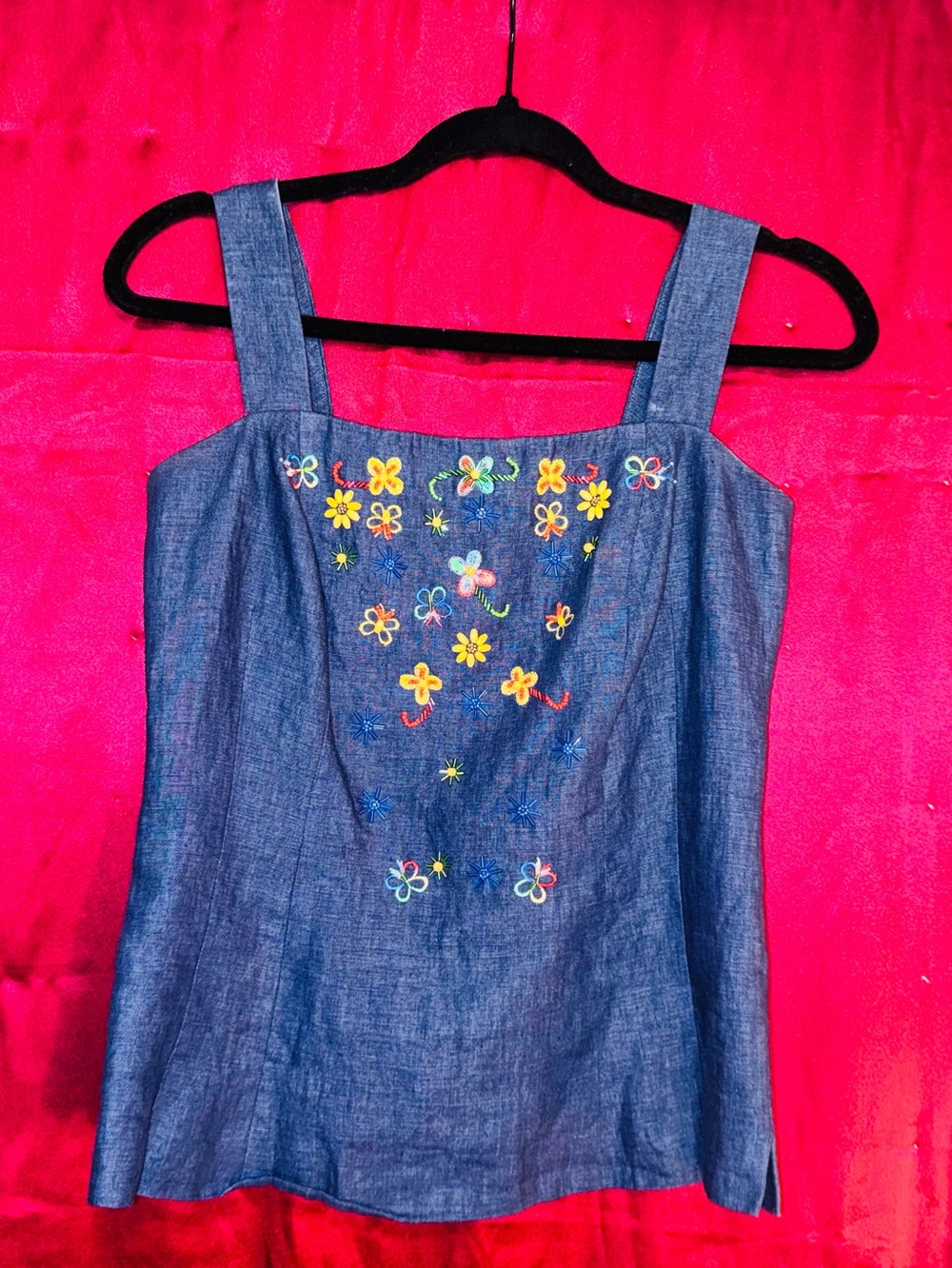 👑 Size 4 Designer Donna Morgan Navy Embroidered Denim Tank Dress - Picture 5 of 16